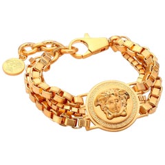 VERSACE VINTAGE 24K GOLD PLATED TRIPLE CHAIN GREEK KEY MEDUSA Bracelet