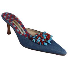 Manolo Blahnik Denim Slides with Blue and Red Stones - 36.5