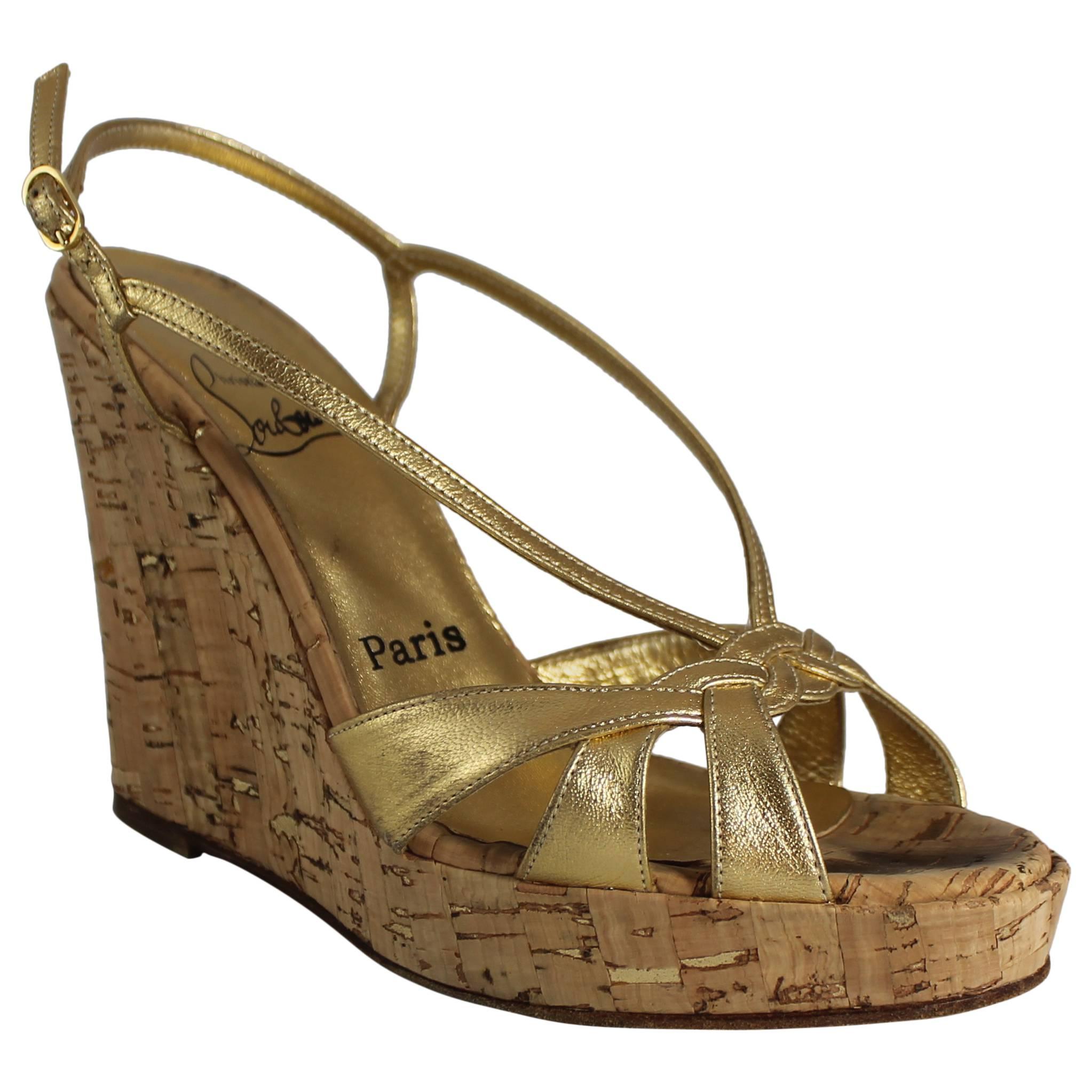 Christian Louboutin Gold Leather Strappy Cork Wedges - 36