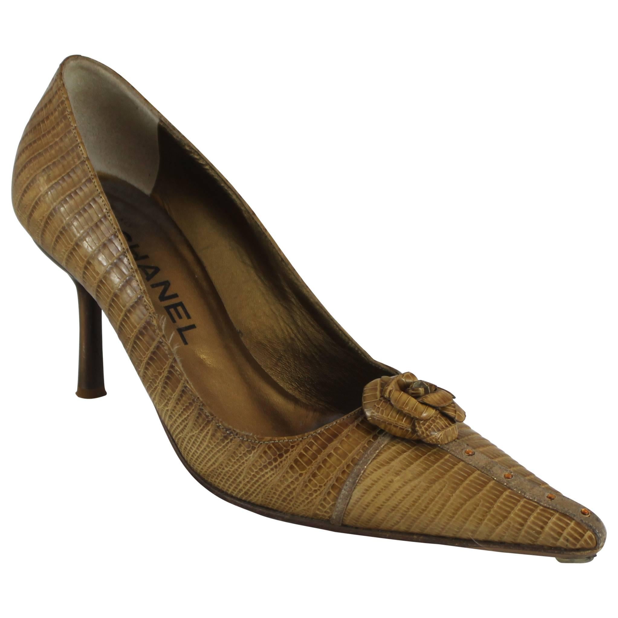 Chanel Light Brown Lizard Skin Heels w/ Camellia and Rhinestone Detail - 36