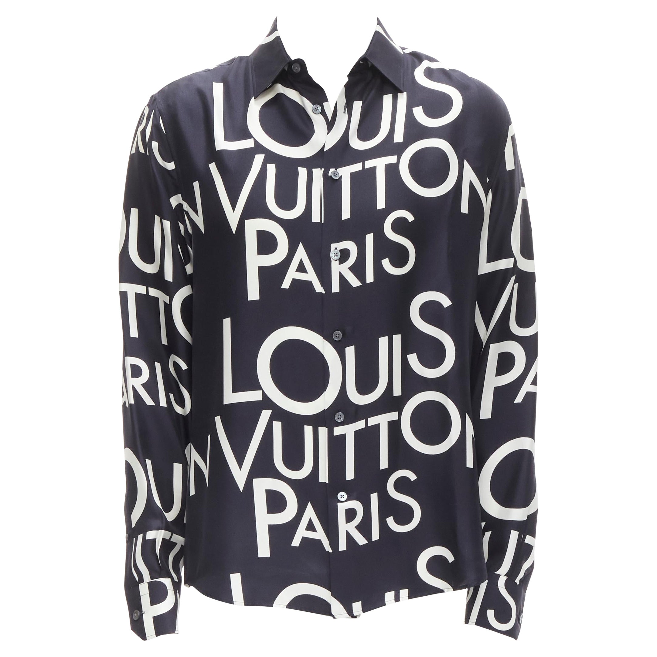 LOUIS VUITTON VIRGIL ABLOH 100% silk navy white typography logo shirt L