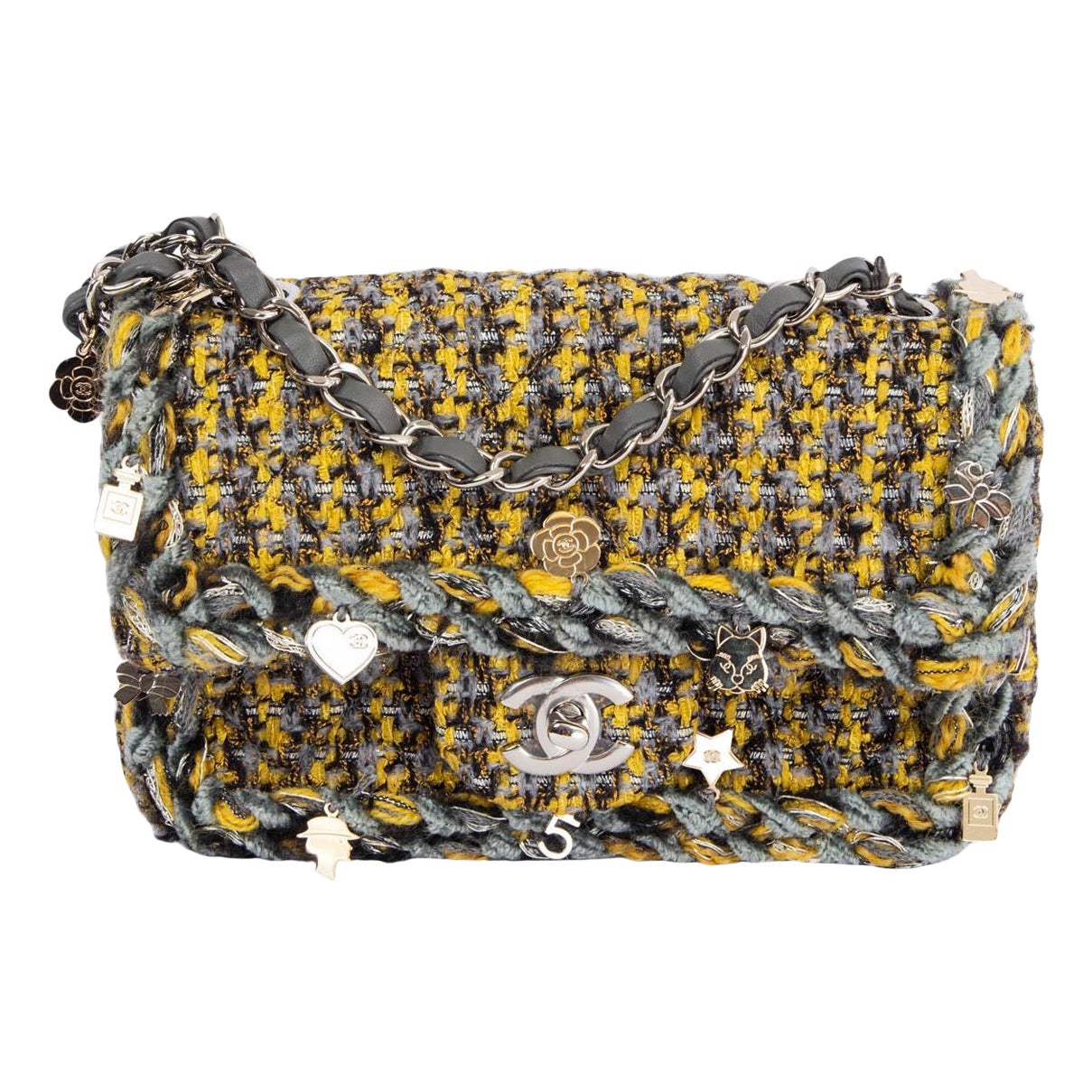 CHANEL yellow & grey 2017 CHARMS TWEED SMALL FLAP Shoulder Bag For Sale