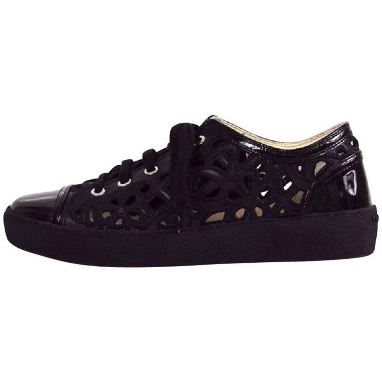 CHANEL Embroidered Floral Cutout Patent Leather Cap Toe Black Athletic Shoes For Sale