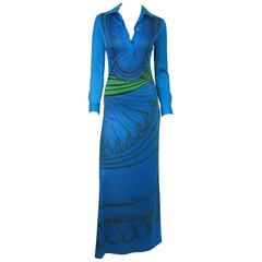 Electric Blue Vintage 1970s Graphic Maxi Dress 11