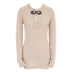 TORY BURCH beige wool alpaca leather buckle front long sweater top S US4 UK8