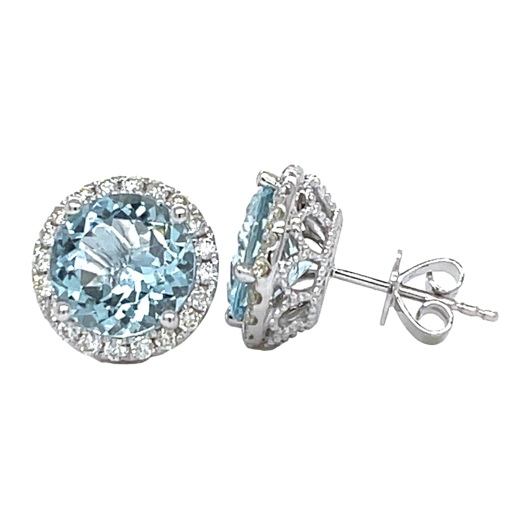 Top Quality Aquamarine Halo Earrings in 14KW Gold For Sale