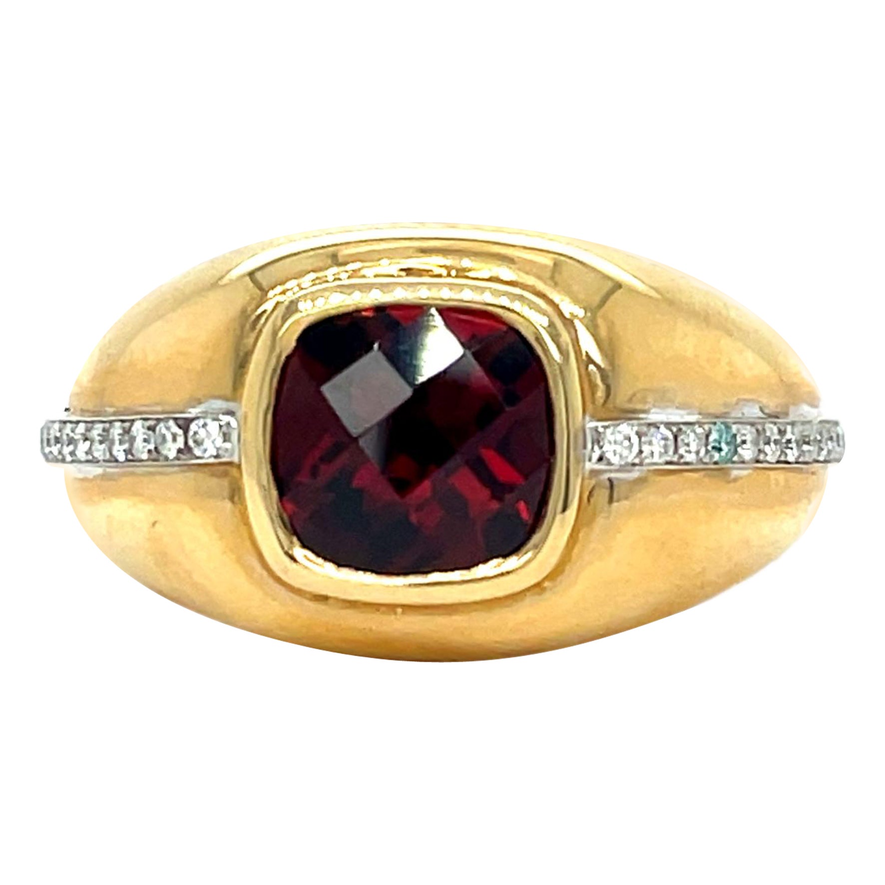 Men's Checkerboard Cushion Garnet and Diamond Ring in 14KY Gold  For Sale