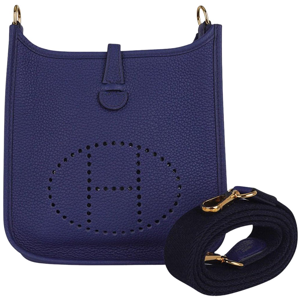 Hermès Evelyne III TPM Tasche mit blauem Saphir / Blauem Indigo und Goldbeschlägen