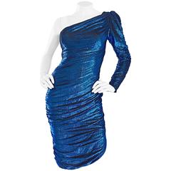 Vintage Samir 1970s Sexy Blue Metallic Vibrant Blue Disco One Shoulder 70s Dress