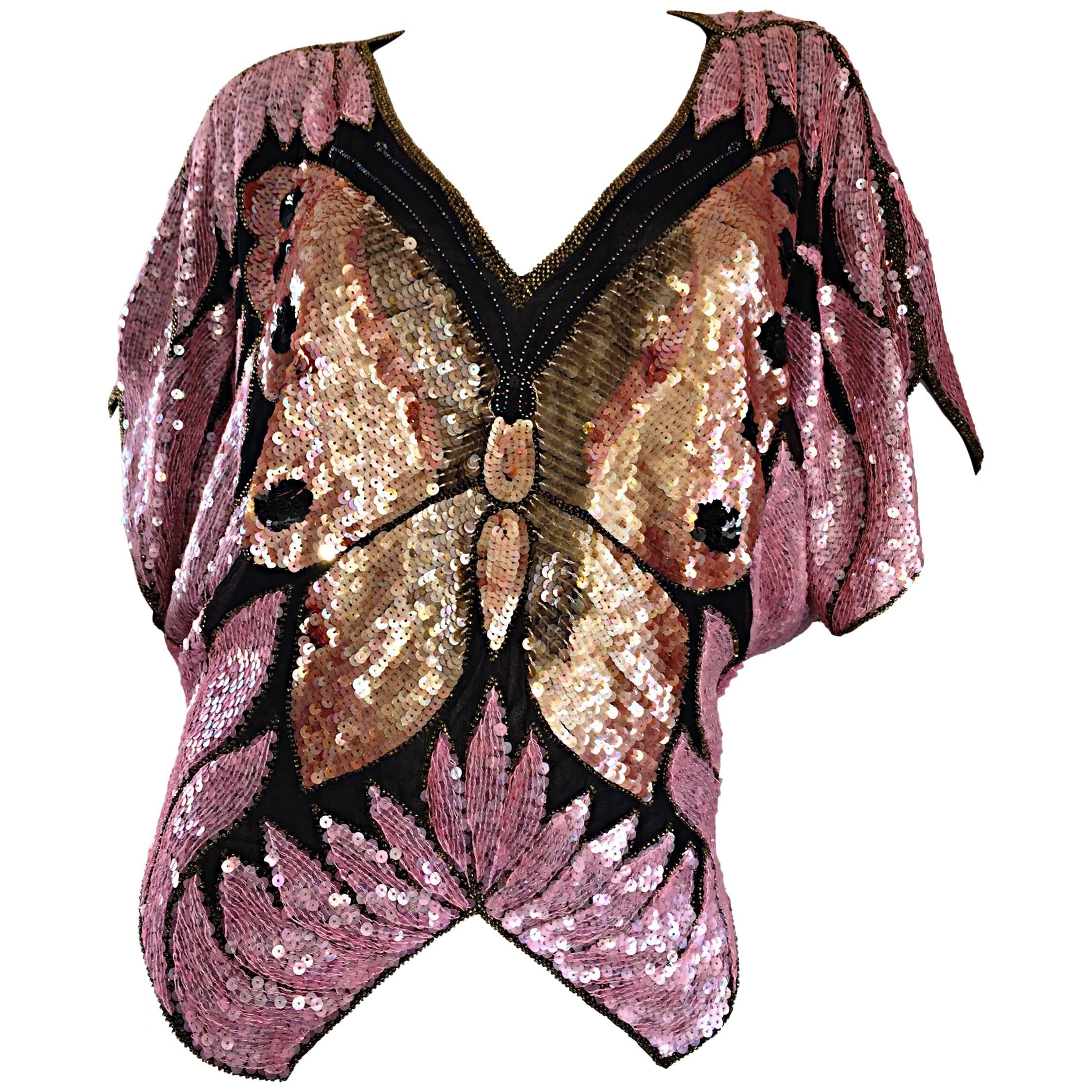 Vintage Sweelo 1970s Butterfly Silk Fully Sequined & Beaded Pink + Gold Top