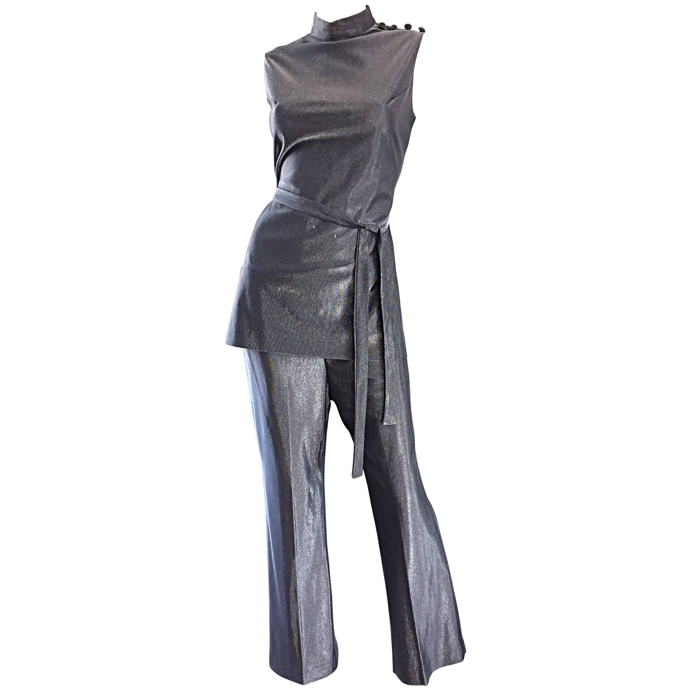 Vintage 1970s Gunmetal Silver Three Piece 70s Belted Tunic & Flared Leg Trousers