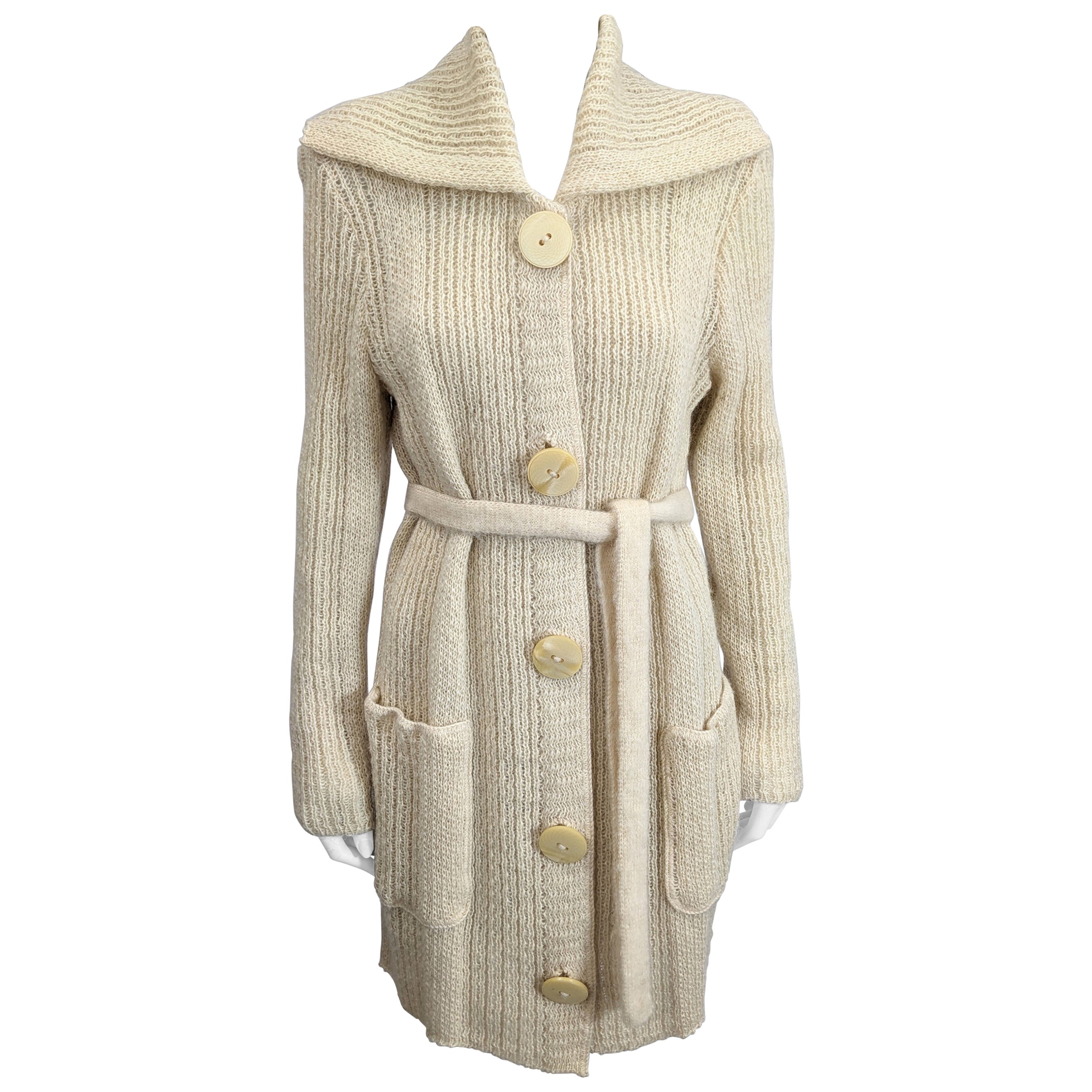Long Line Ribbed Wool Sweater Cardigan For Sale
