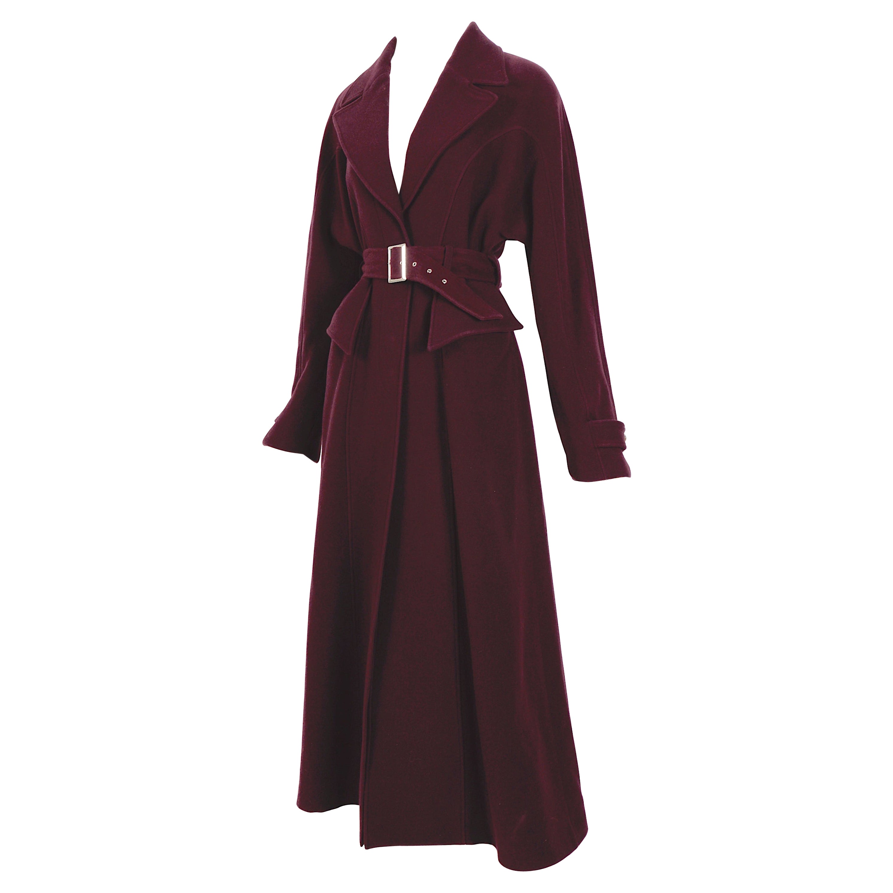 Mugler 1980s vintage iconic design 100% wool belted burgundy maxi coat. For Sale