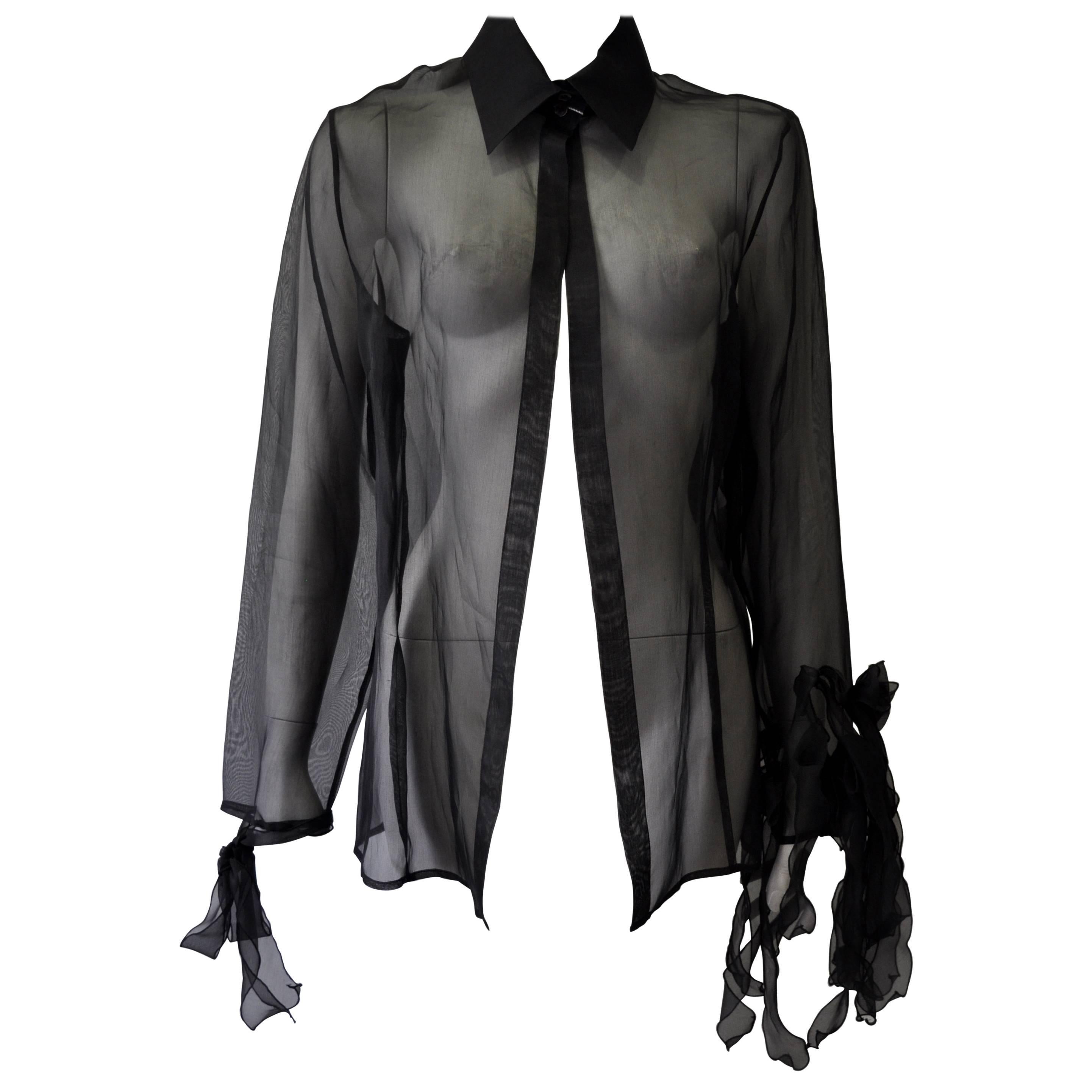 Highly Unusual Gianfranco Ferre Sheer Silk Blouse with Ribbon Bow Sleeve Detail For Sale