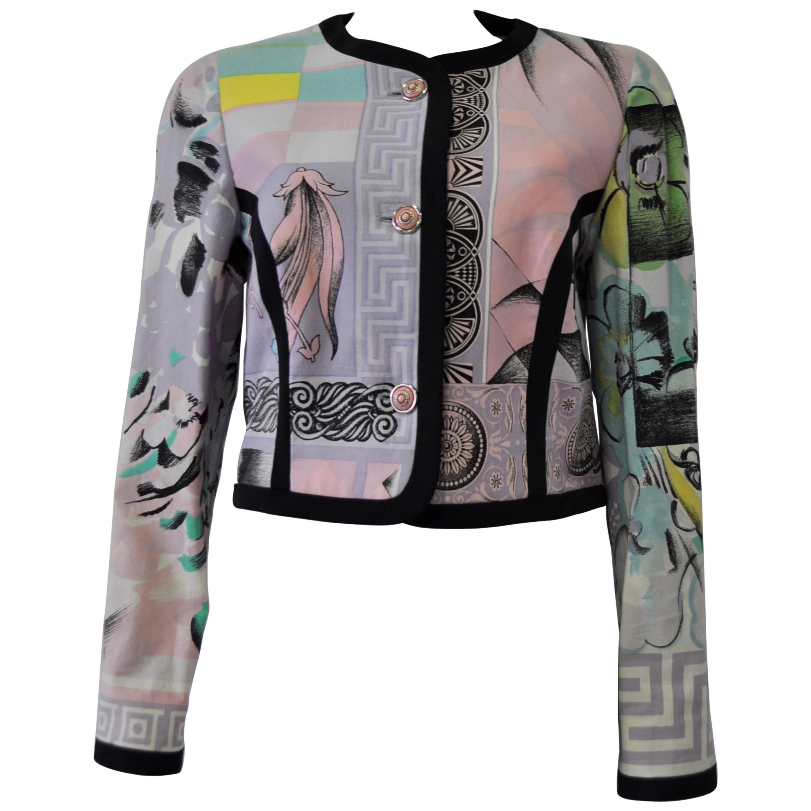 Iconic Gianni Versace Istante Pastel Meandros "Greek Key" Printed Jacket For Sale