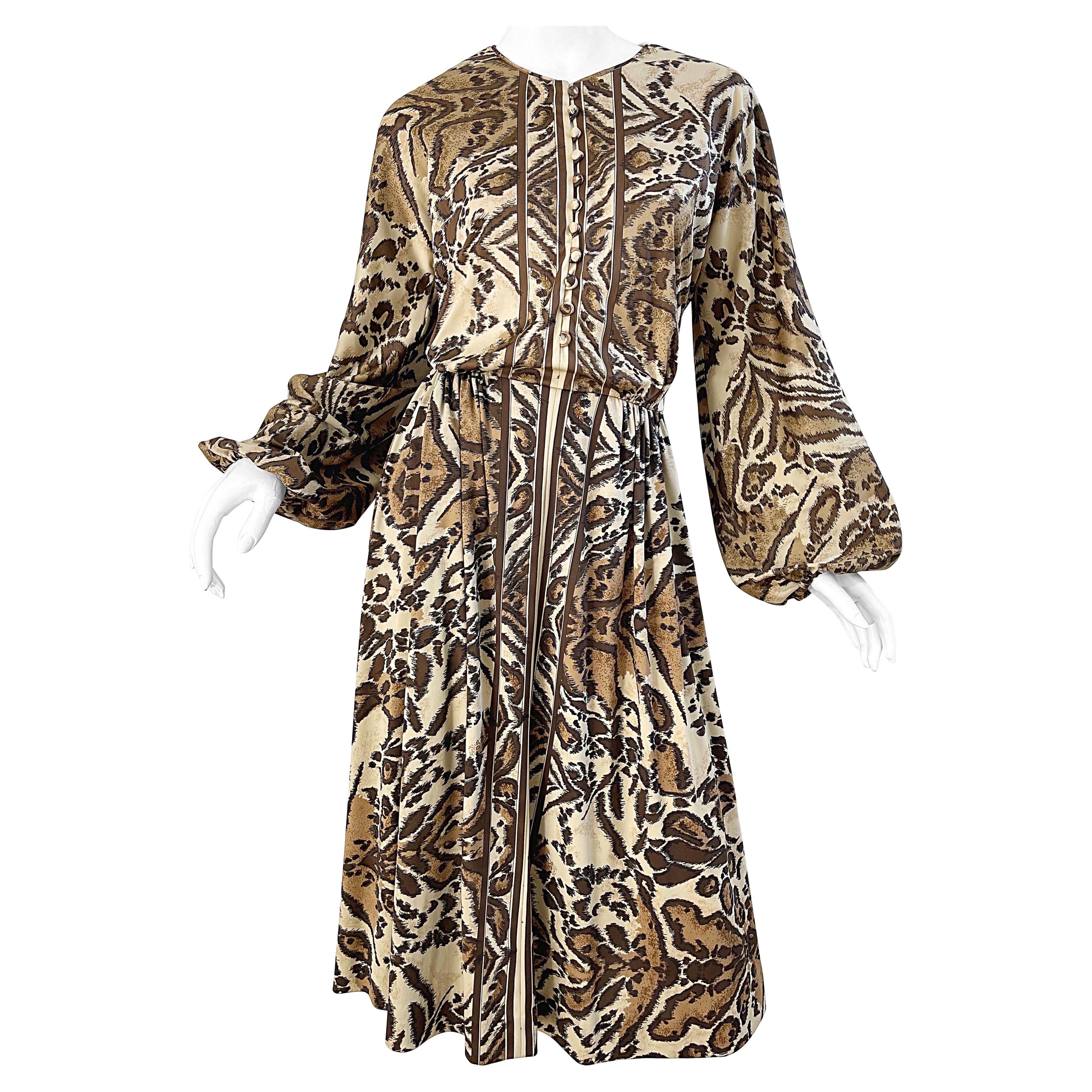 1970s Victor Costa Leopard Safari Animal Print Long Sleeve Vintage 70s Dress For Sale