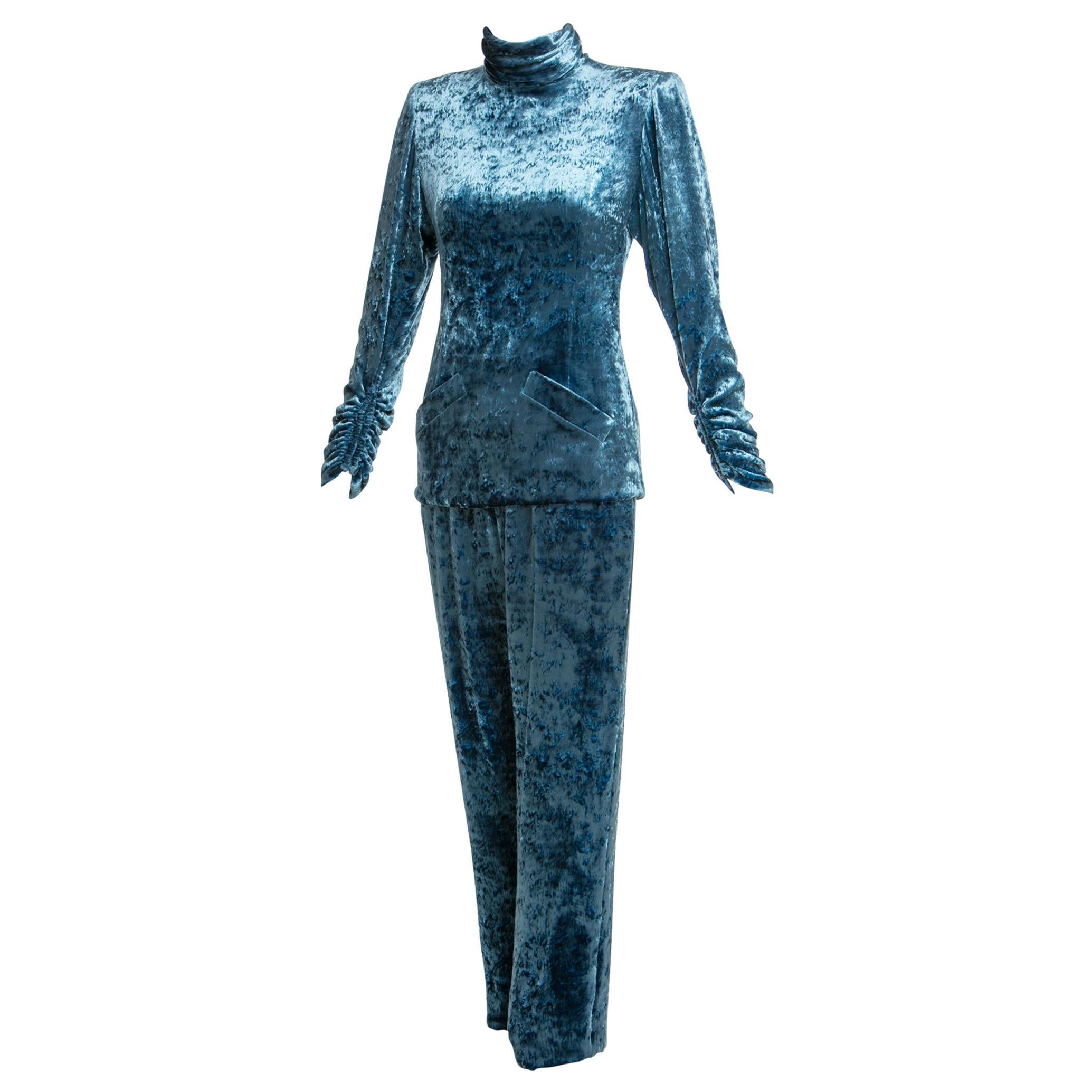 Galanos Couture Blue Velvet Evening Tunic Top Pants Suit, 1980s For Sale