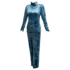 Galanos Couture Blue Velvet Evening Tunic Top Pants Suit, 1980s 