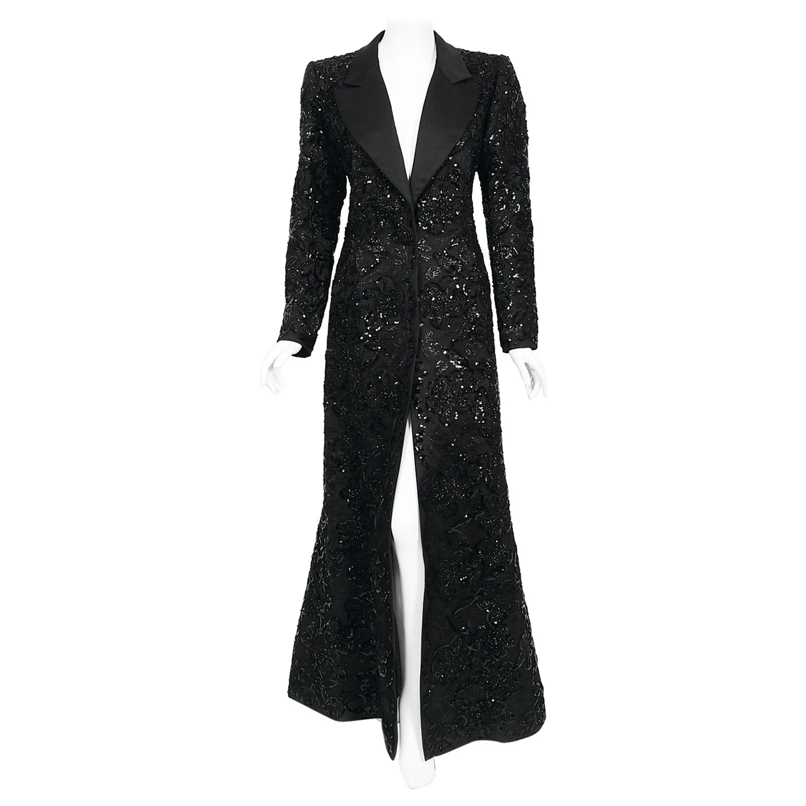 1984 Yves Saint Laurent Haute Couture Documented Sequin Satin Maxi Tuxedo Jacket For Sale