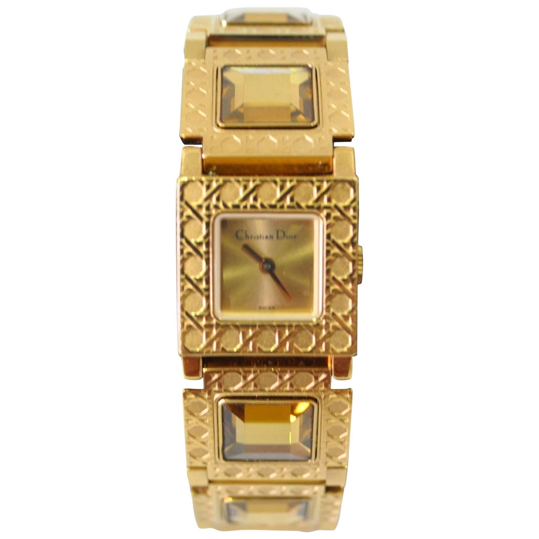 Authentic Christian Dior Jewel Encrusted Gold Tone Link Watch For Sale