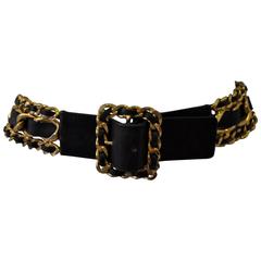 Classic Chanel Chunky Gold Tone Chain Link Black Leather Belt