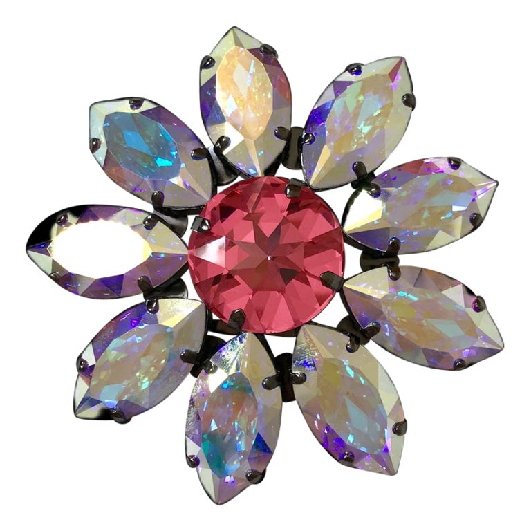 Pelush Pink And Opal Swarowsky Crystal Flower Brooch Buckle Pin - Large 