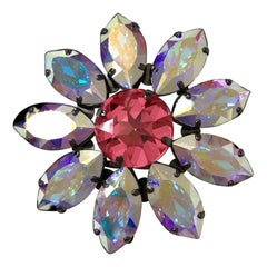 Pelush Pink And Opal Swarowsky Crystal Flower Brooch Buckle Pin - Large 