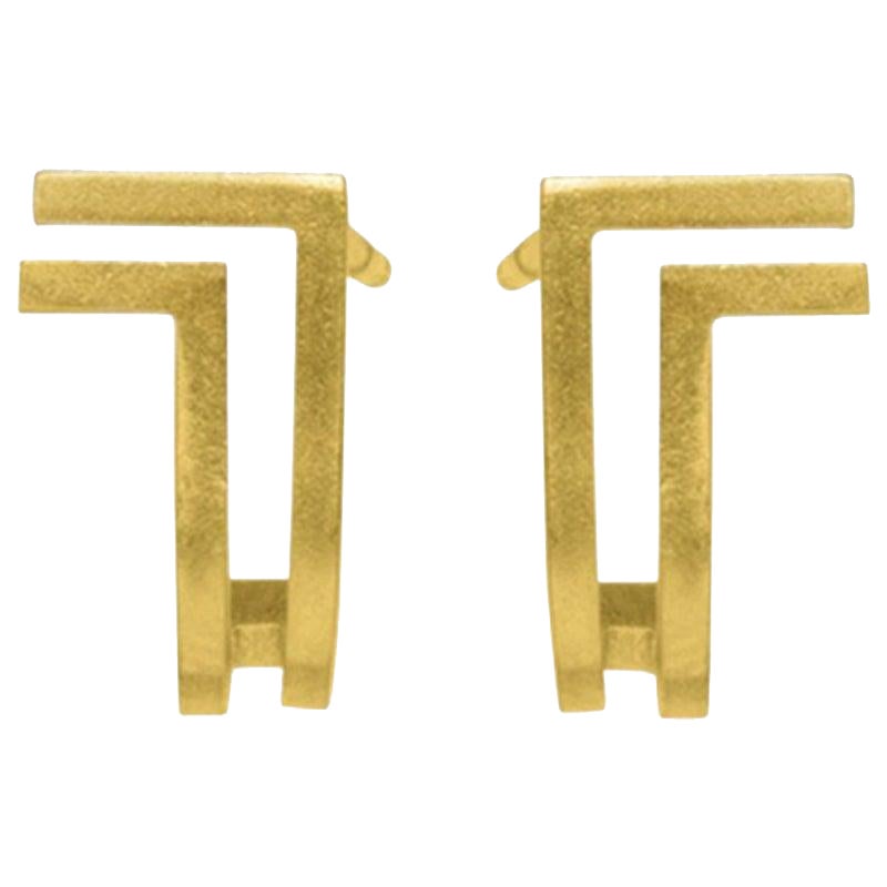 18-Karat Yellow Gold Double Lines Curve Fine Earrings For Sale