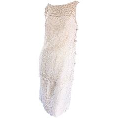 Lisa Howard Vintage White Lace 1960s 60s Rhinestone Buttons Tiered Shift Dress