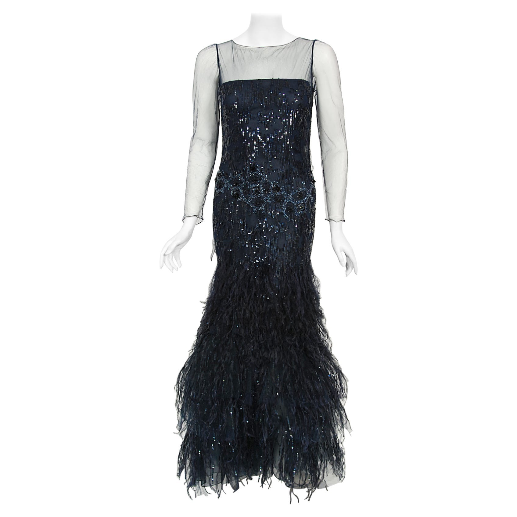 2005 Oscar de la Renta Runway Navy Sheer-Tulle Hourglass Feather Mermaid Gown For Sale