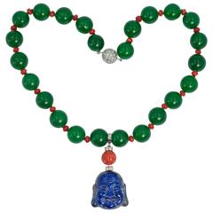 Fabulous Faux Imperial Jade Bead Coral Lapis Lazuli Buddha Necklace
