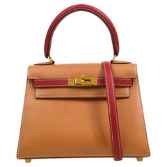 HERMES Kelly 20 Tan Cognac Red Leather Gold Small Mini Shoulder Flap Bag