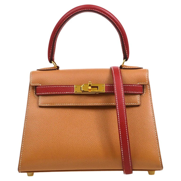 HERMES Kelly 20 Tan Cognac Red Leather Gold Small Mini Shoulder Flap Bag  For Sale at 1stDibs