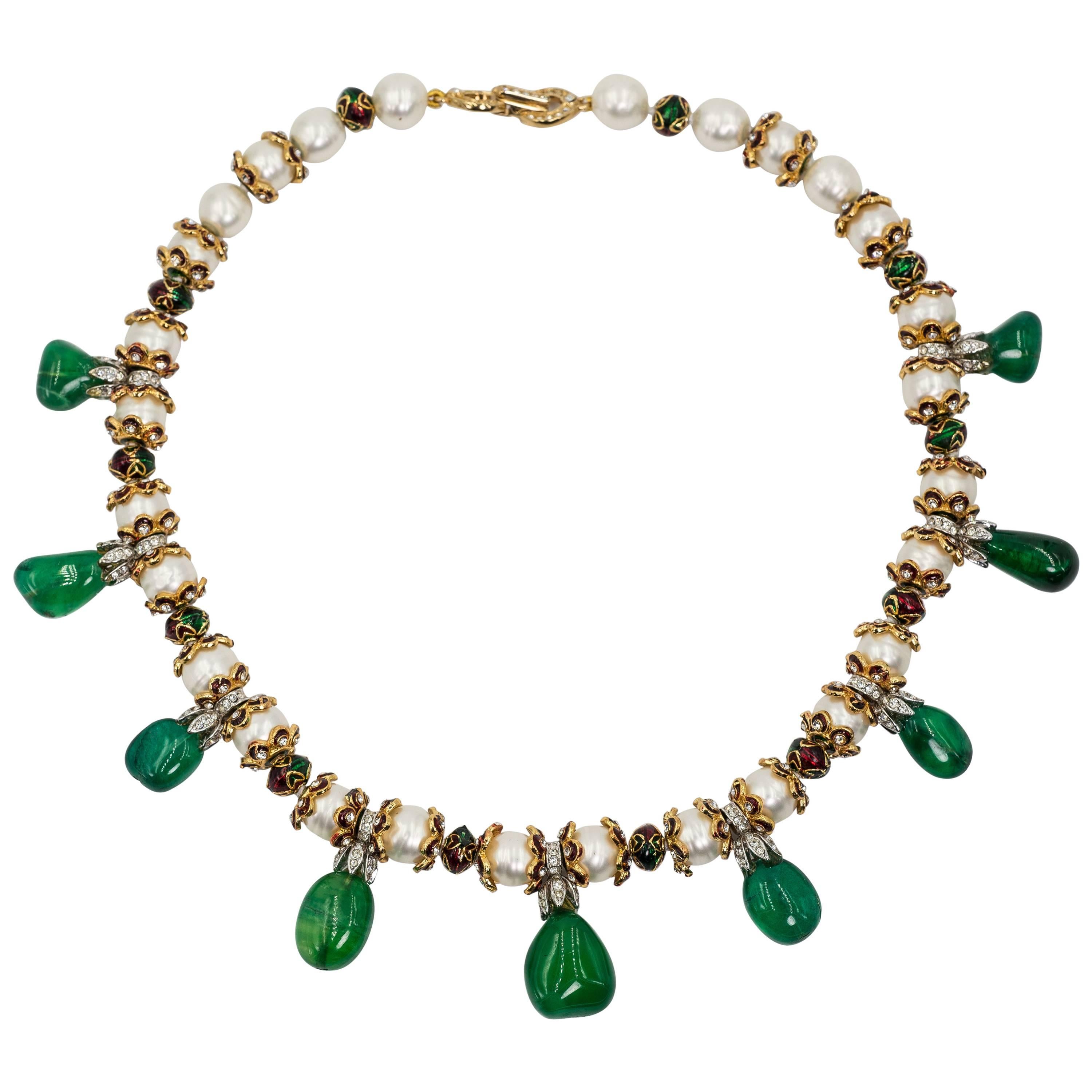 Royal Indian Style Faux Emerald Pearl Jaipur Enamel Collier