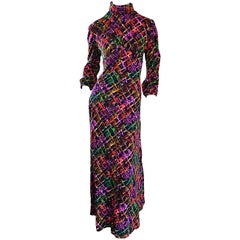Retro Rainbow ' Barbed Wire ' 1970s Colorful Boho Long Sleeve 70s Maxi Dress