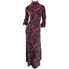 Vintage Regenbogen ' Stacheldraht ' 1970er Jahre Buntes Boho Langarm 70er Maxi Kleid