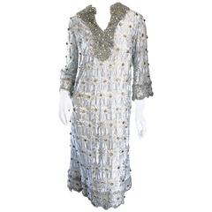 Amazing 1960s 60s Ice Blue Beaded & Rhinestone Demi Couture A - Line Tunic Dress