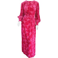 Vintage Elizabeth Arden 1970s Hot Pink Fuchsia Crushed Silk Velvet Maxi Dress