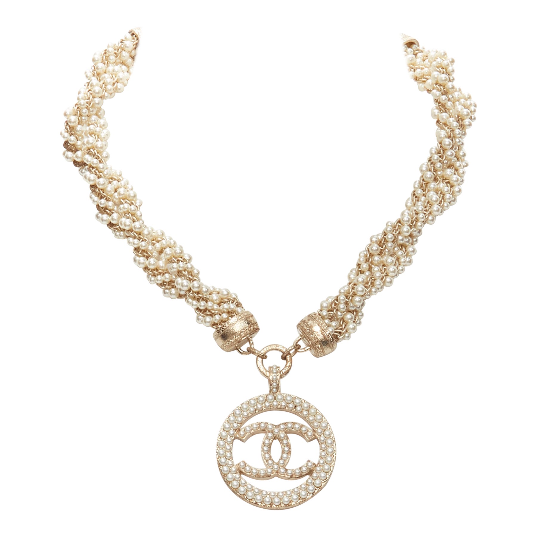 CHANEL 17A Paris Cosmopolite Metier D'Art gold pearl CC twist choker  necklace