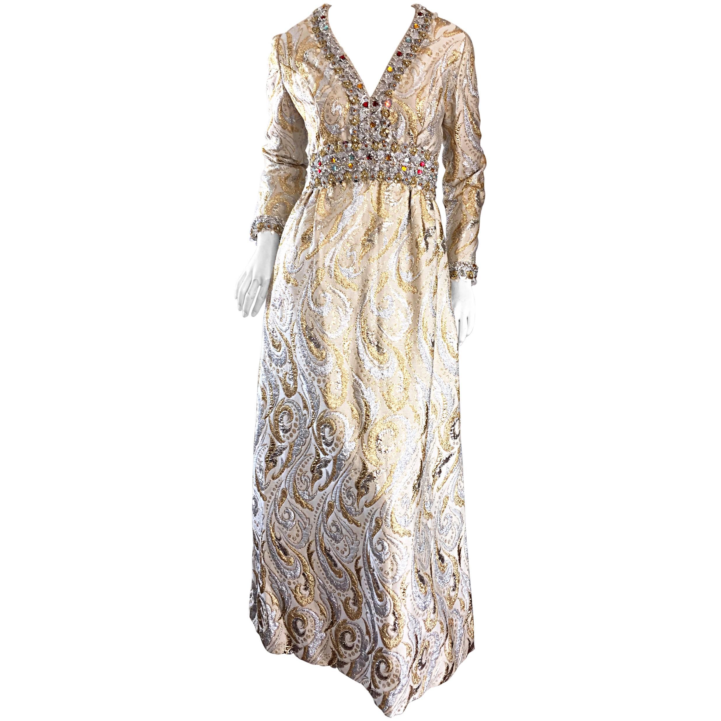 Gorgeous 1960s Vintage British Hong Kong Gold & Silver Silk Beaded Crystal Gown
