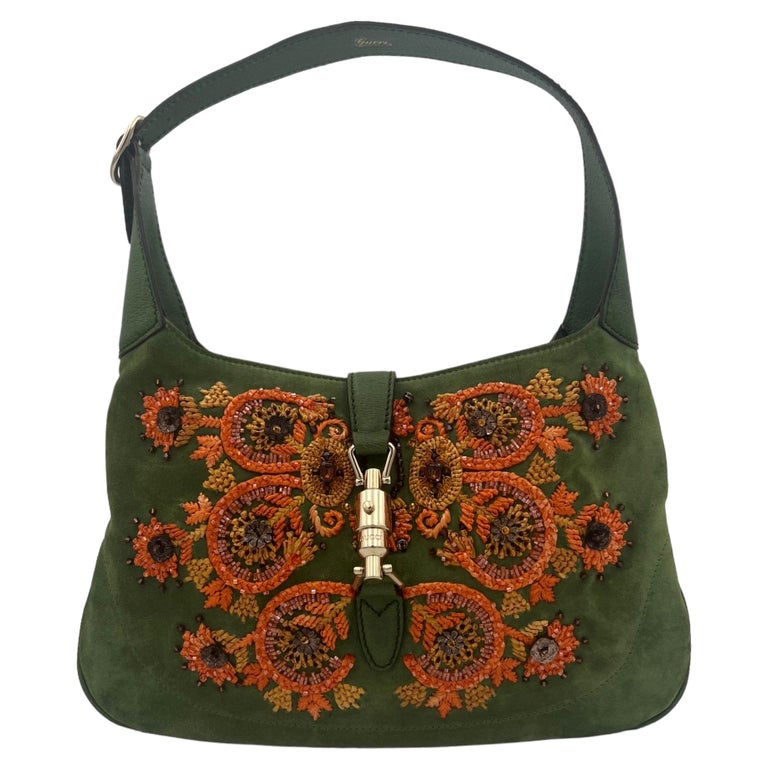 Gucci Jackie Limited Edition Green Suede Top Handle Bag For Sale at 1stDibs