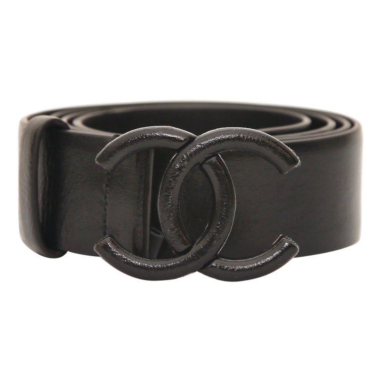 CHANEL Black Leather Belt Interlocking Logo CC Buckle Gold HW Sz 90 2020