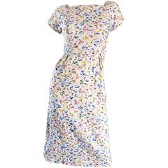 Beautiful Late 1950s 50s White Cotton Embroidered Pastel Flowers Vintage Dress