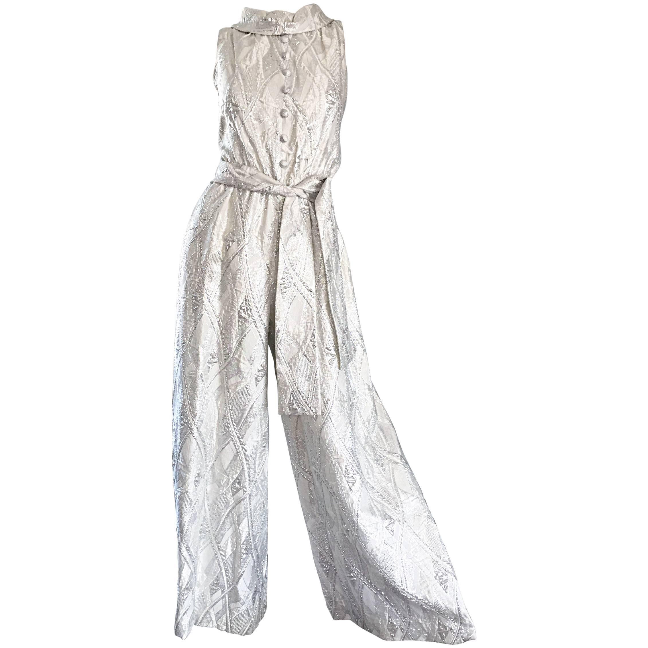 Leslie Fay 1960s Deadstock Silver & White Brocade Wide Palazzo Leg Jumpsuit NEW