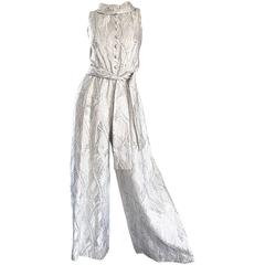 Vintage Leslie Fay 1960s Deadstock Silver & White Brocade Wide Palazzo Leg Jumpsuit NEW