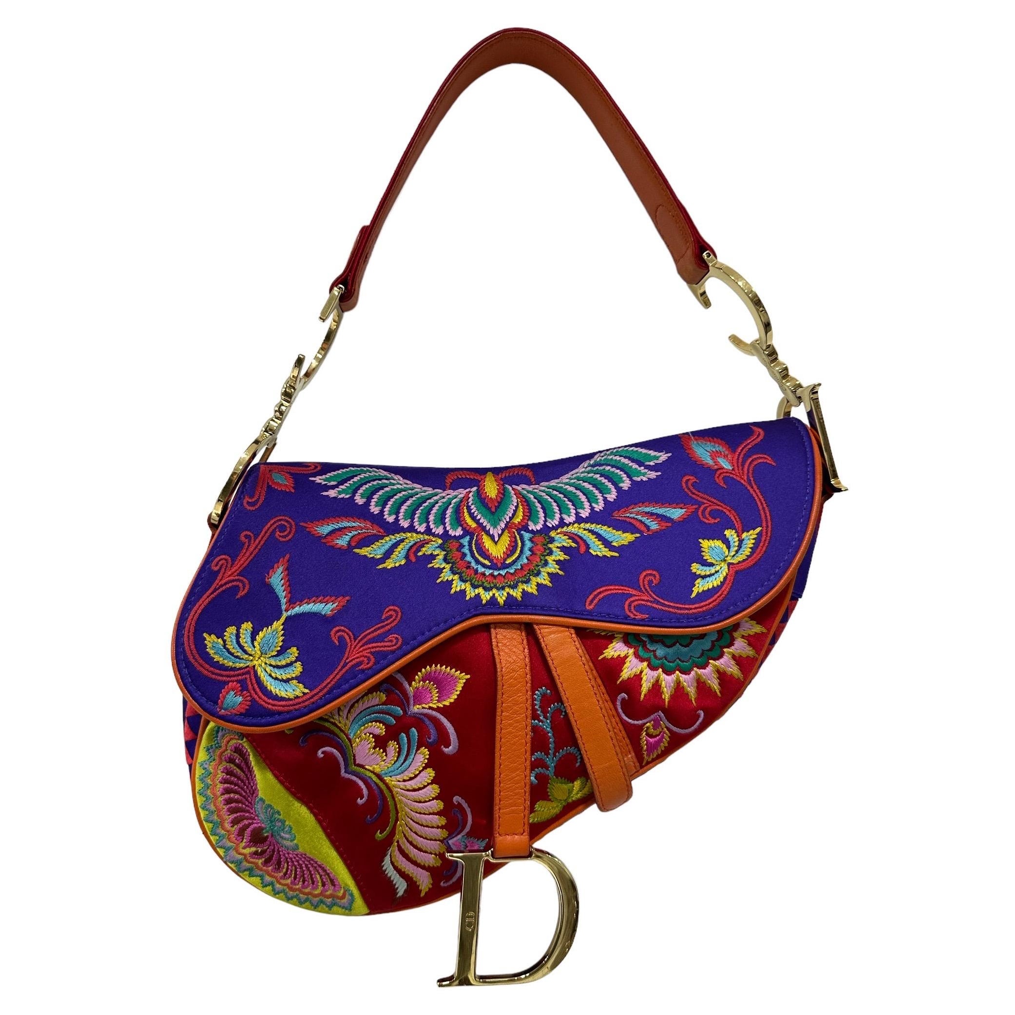 Christian Dior Vintage Limited Edition Embroidered Saddle Bag Blue Yellow  Red