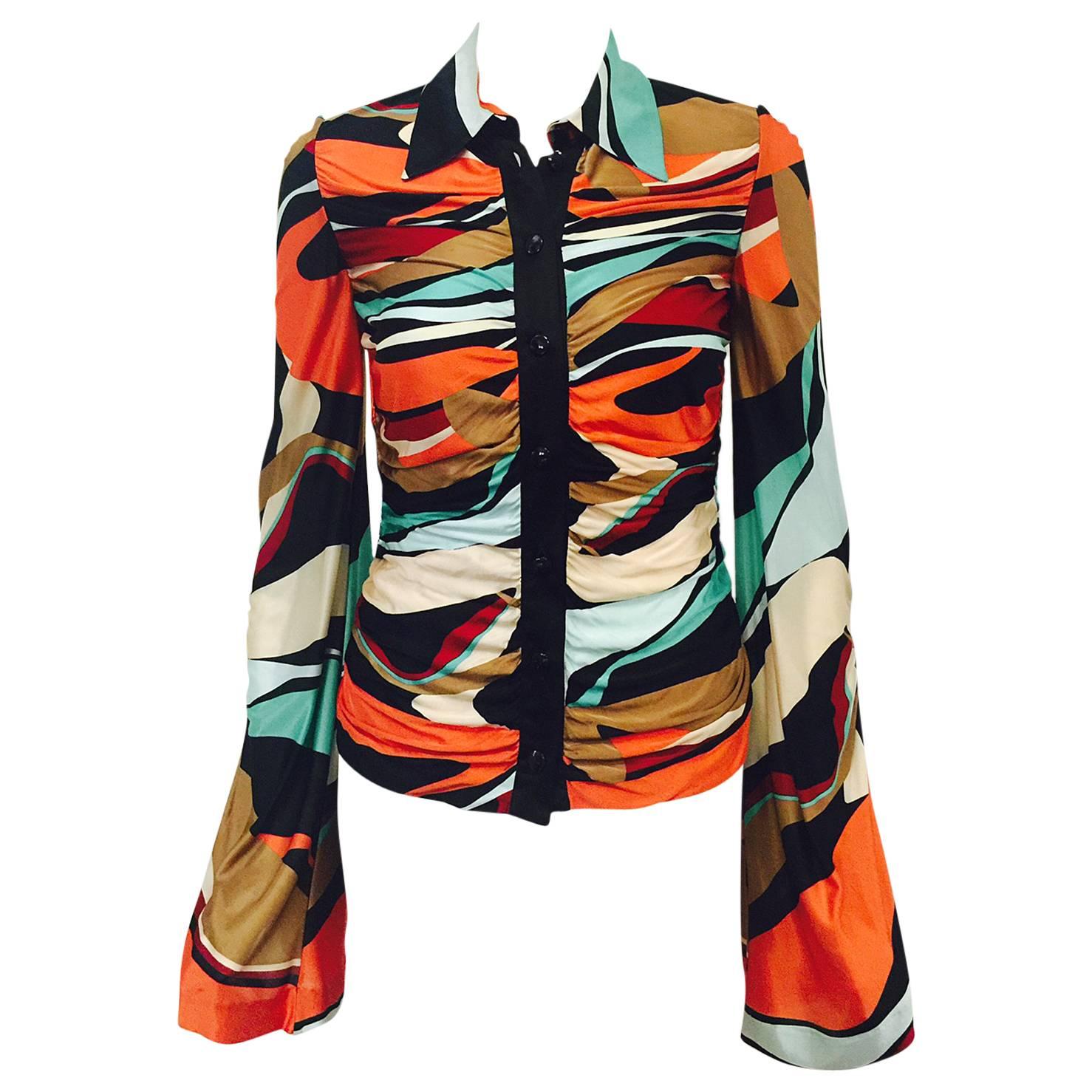 Magnificent Missoni Ruched Abstract Print Viscose Blouse With Bell Sleeves