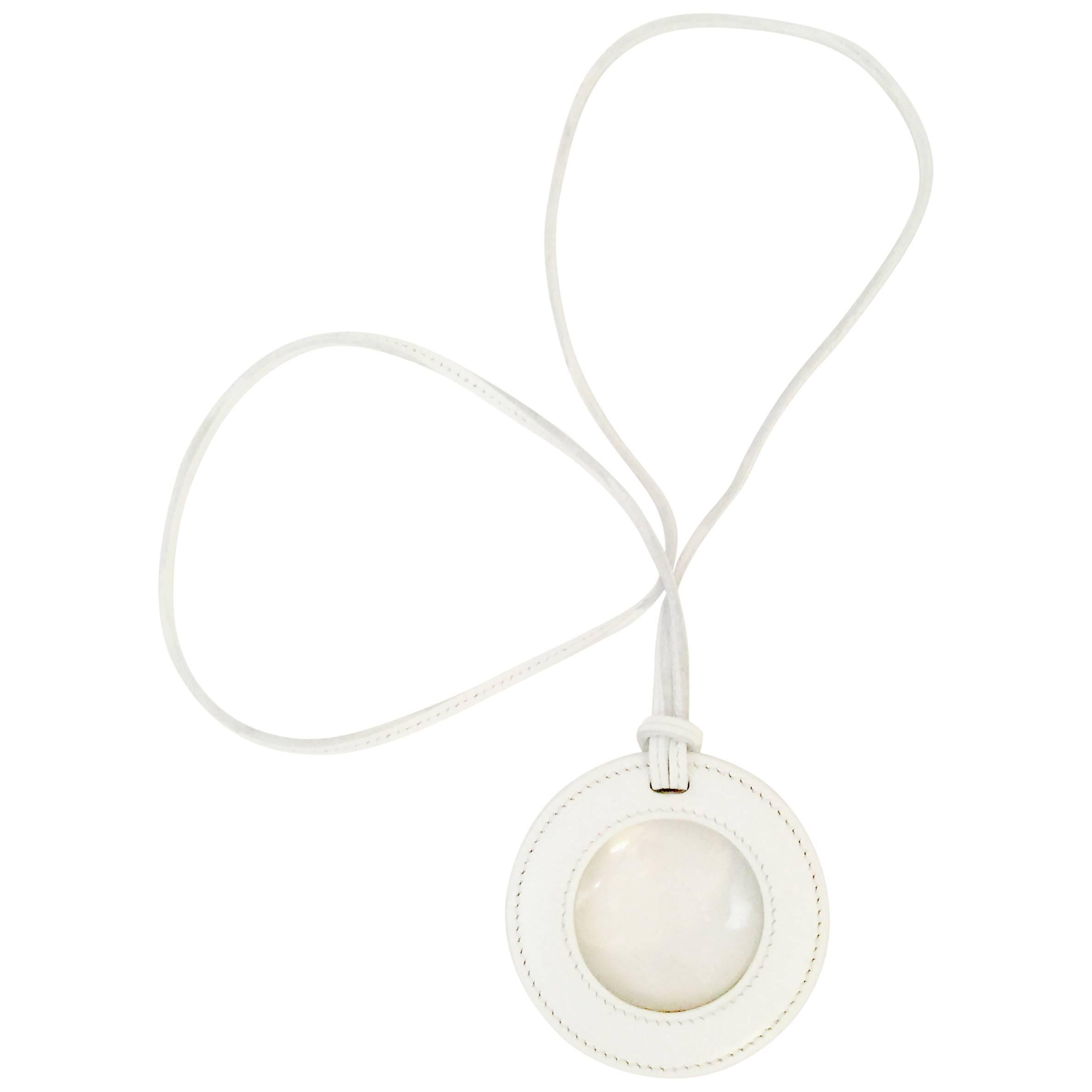 Hermes White Leather Necklace With Round Magnifying Loupe 