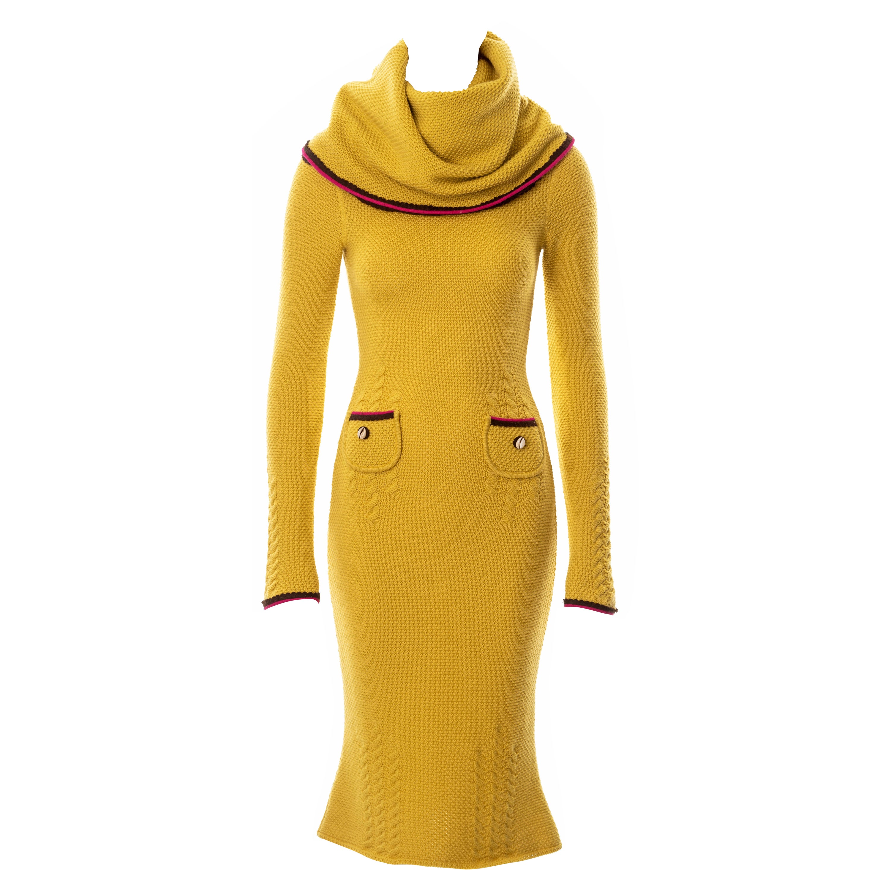 John Galliano yellow waffle-knit wool long sleeve turtleneck dress, fw 1999
