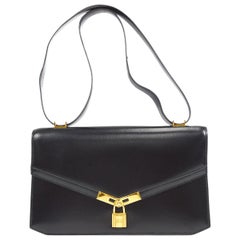 Vintage HERMES Black Box Calfskin Leather Gold Lock Evening Shoulder Flap Bag